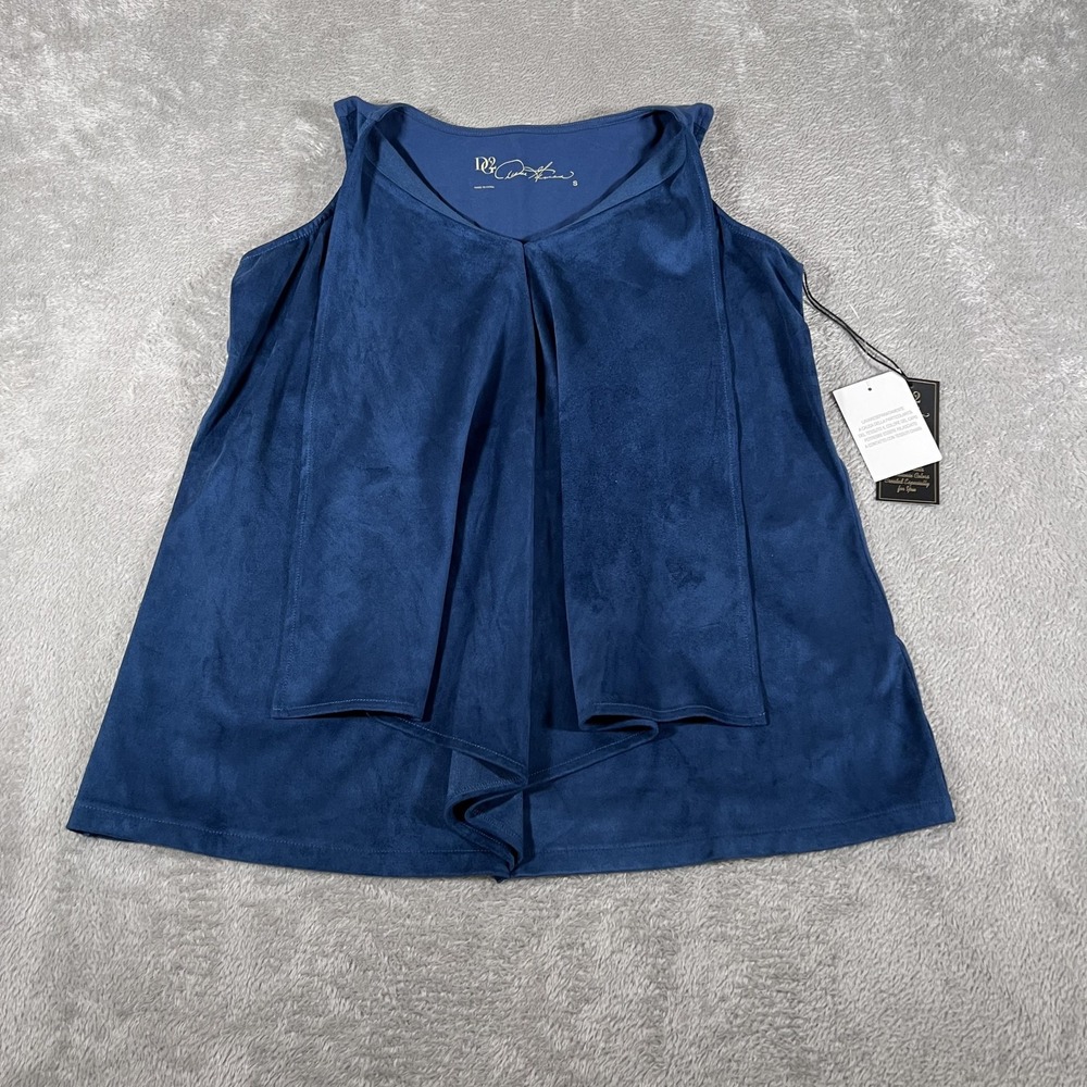 DG2 by Diane Gilman Tank Top Womens Small Navy Blue‎ Faux Suede Pleated V Neck